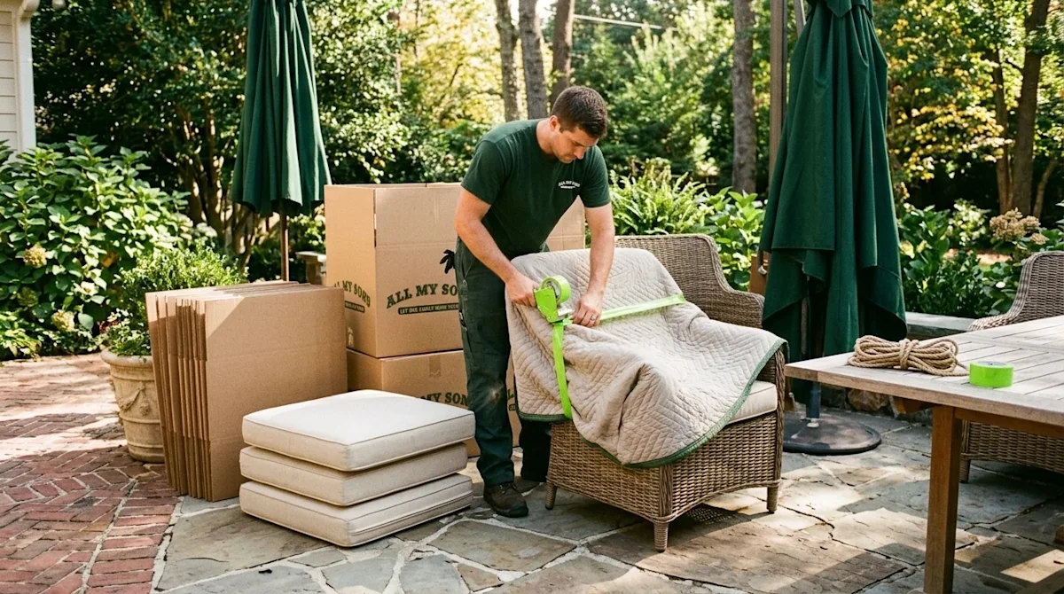 A candid, 35mm film-style photograph of a sunny outdoor residential patio where high-quality patio furniture is being careful