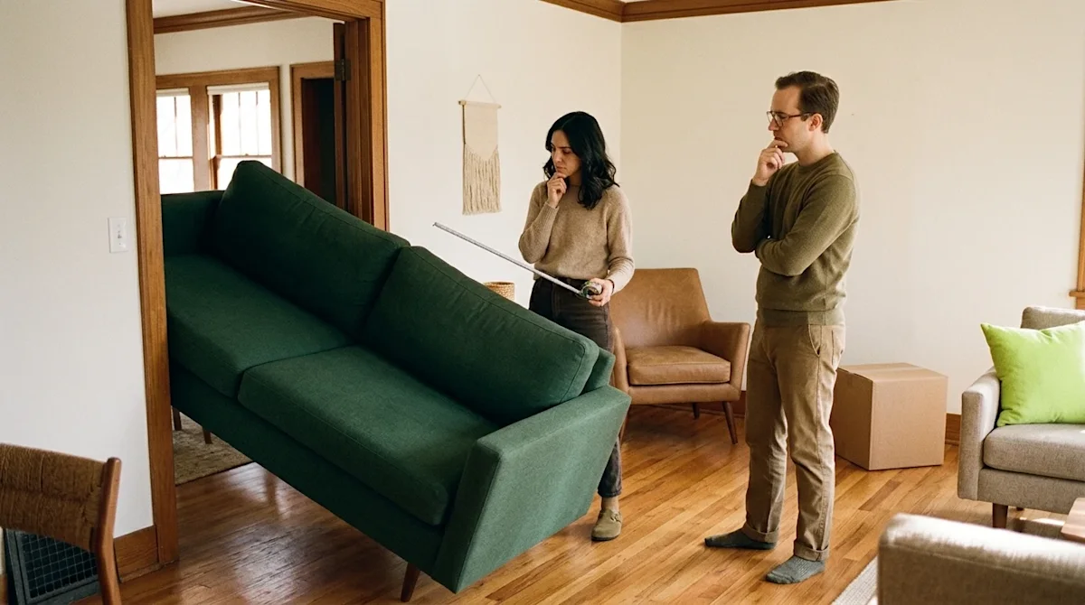 A young couple looks puzzled while trying to move a large green sofa that is awkwardly blocking a doorway in their home.