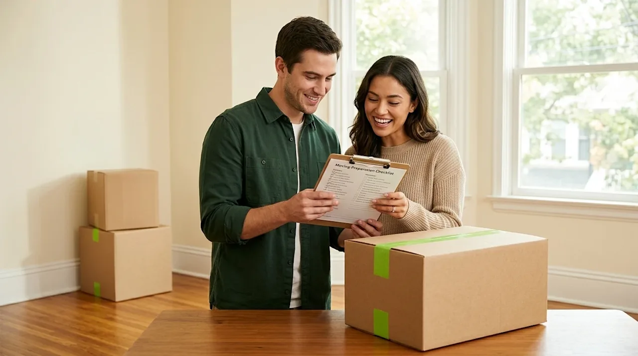 Professional marketing photography of an organized, stress-free moving day preparation. A smiling young couple stands in a br