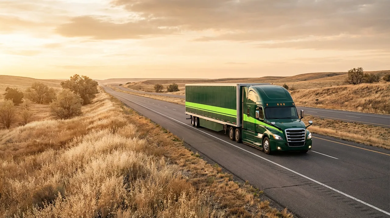 Green moving truck with lime accents driving on a scenic highway at sunset, illustrating safe long-distance travel.