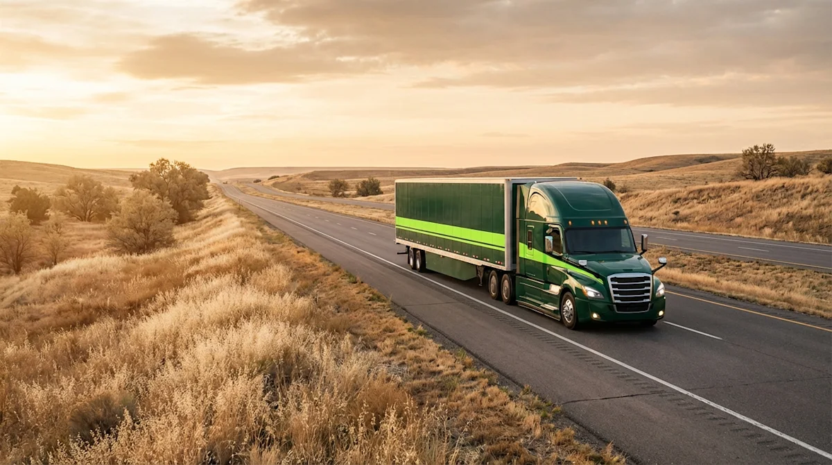 Green moving truck with lime accents driving on a scenic highway at sunset, illustrating safe long-distance travel.