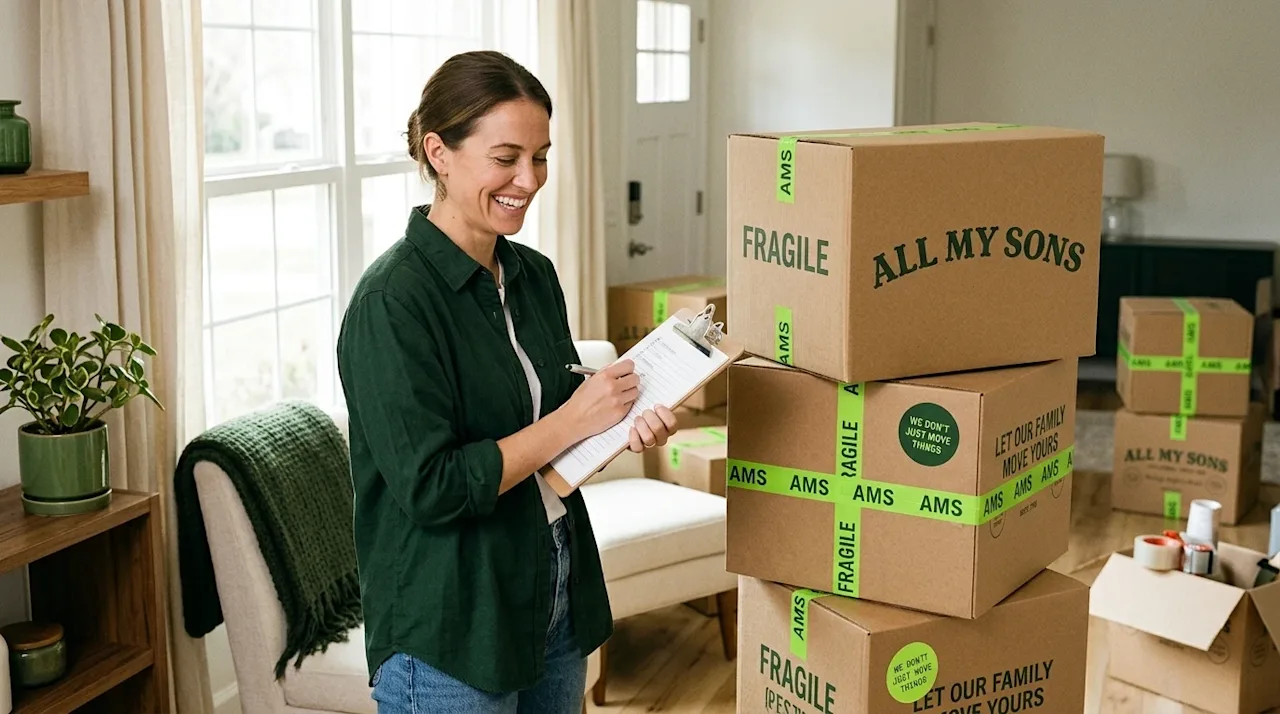 High-quality lifestyle photography of a smiling, stress-free woman in a sunlit, clean suburban living room, perfectly organiz