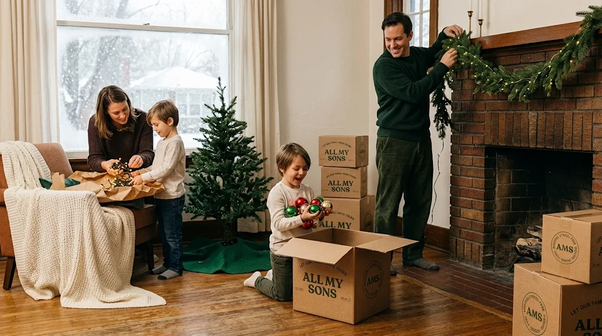 Warm, inviting lifestyle photography of a family decorating their living room for the winter holidays in a cozy Omaha home. T