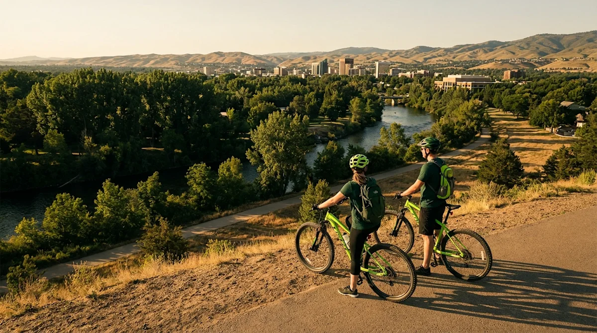Couple on bicycles overlooking the scenic Boise Greenbelt and foothills at sunset in Idaho.