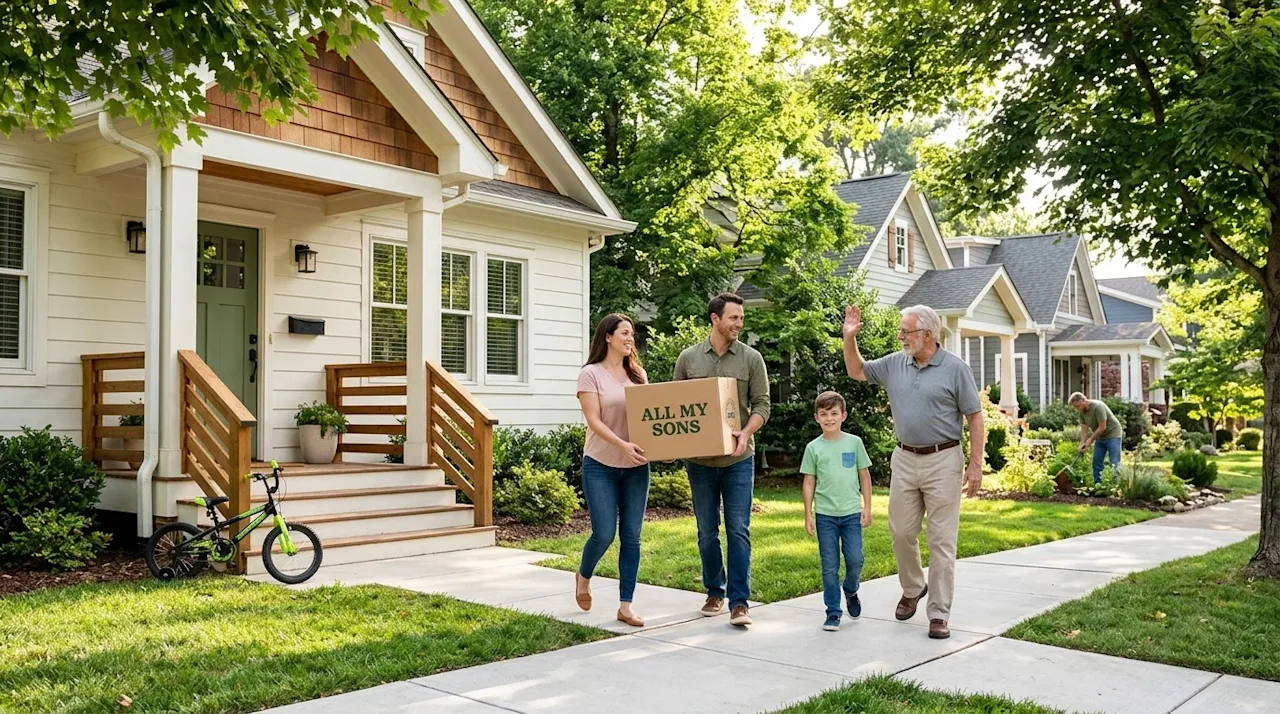 Professional marketing photography of a picturesque, welcoming American suburban neighborhood on a bright, sunny day. A happy