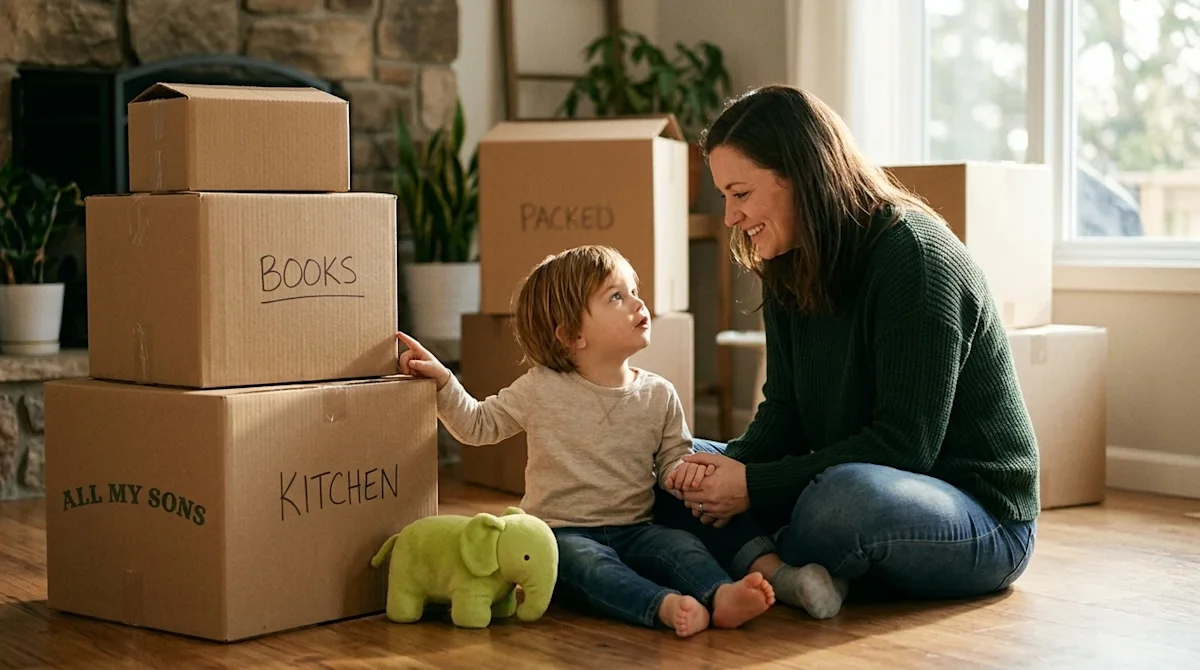 A heartwarming scene showing a young child looking up inquisitively at a smiling, reassuring mother.