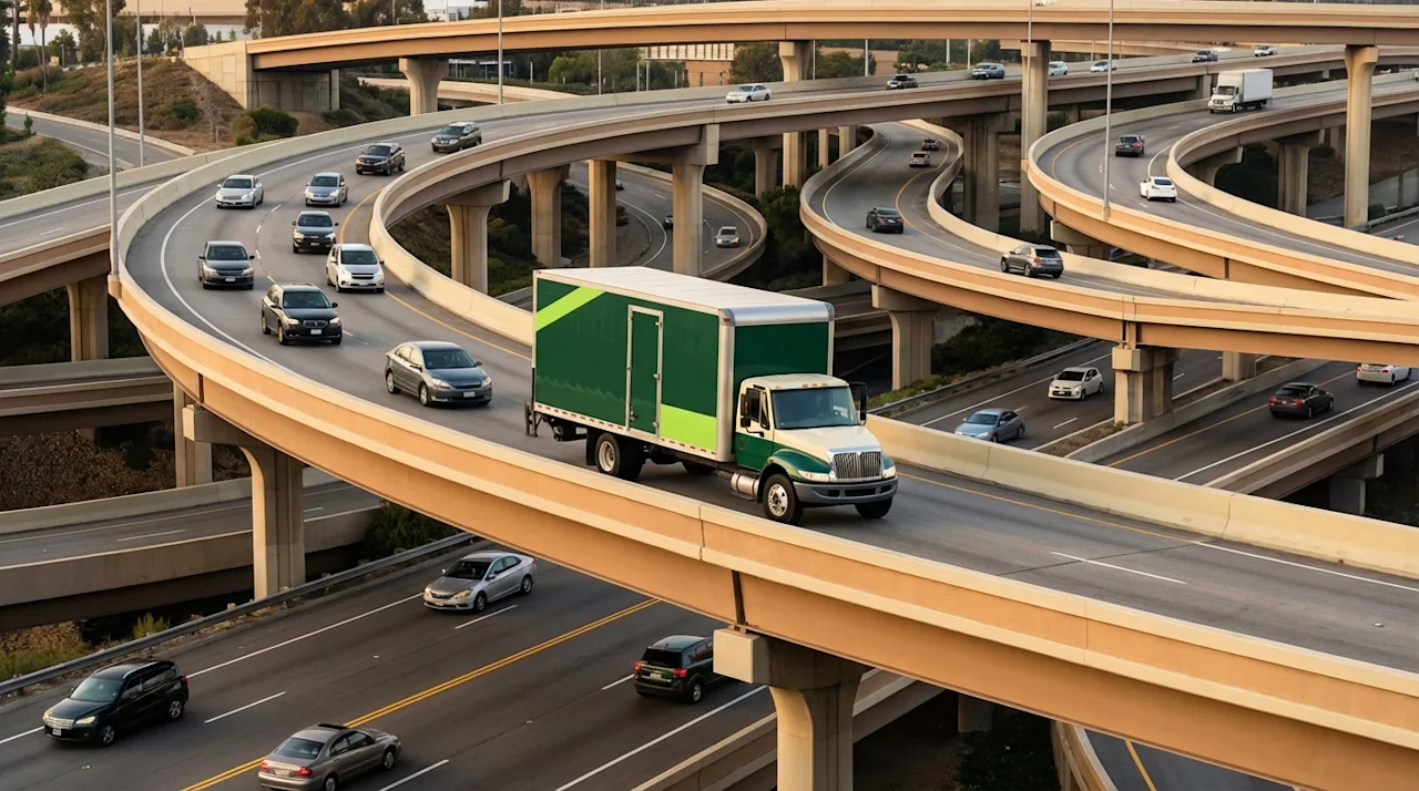 Green moving truck navigating a complex winding highway interchange with traffic during the day.