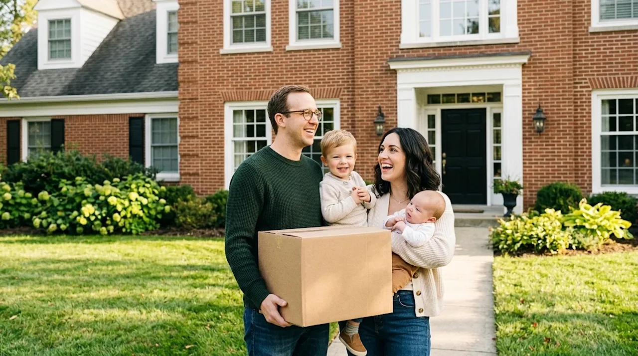 A photorealistic, candid lifestyle photograph of a happy family arriving at their new home in the picturesque suburbs of New
