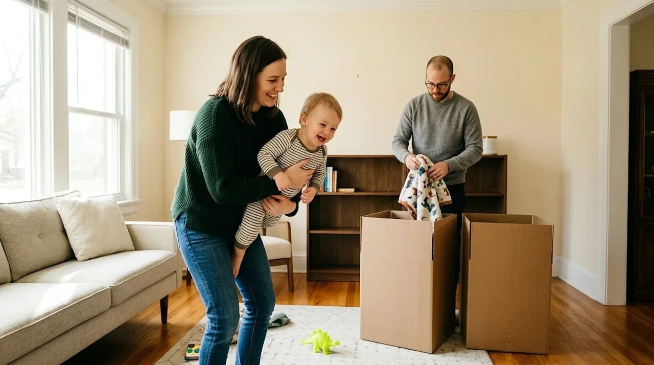 High-quality lifestyle marketing photography of a young family moving, capturing a candid, warm, and authentic documentary st