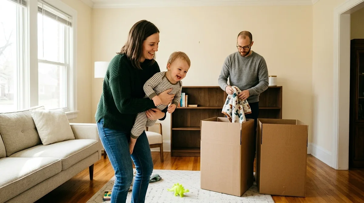 High-quality lifestyle marketing photography of a young family moving, capturing a candid, warm, and authentic documentary st