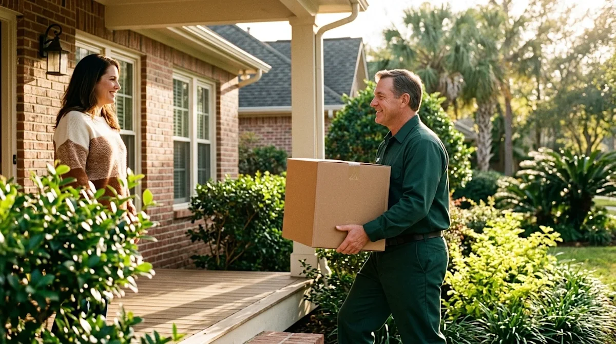 Candid lifestyle photography of a professional mover in a dark forest green uniform helping a smiling homeowner on the front