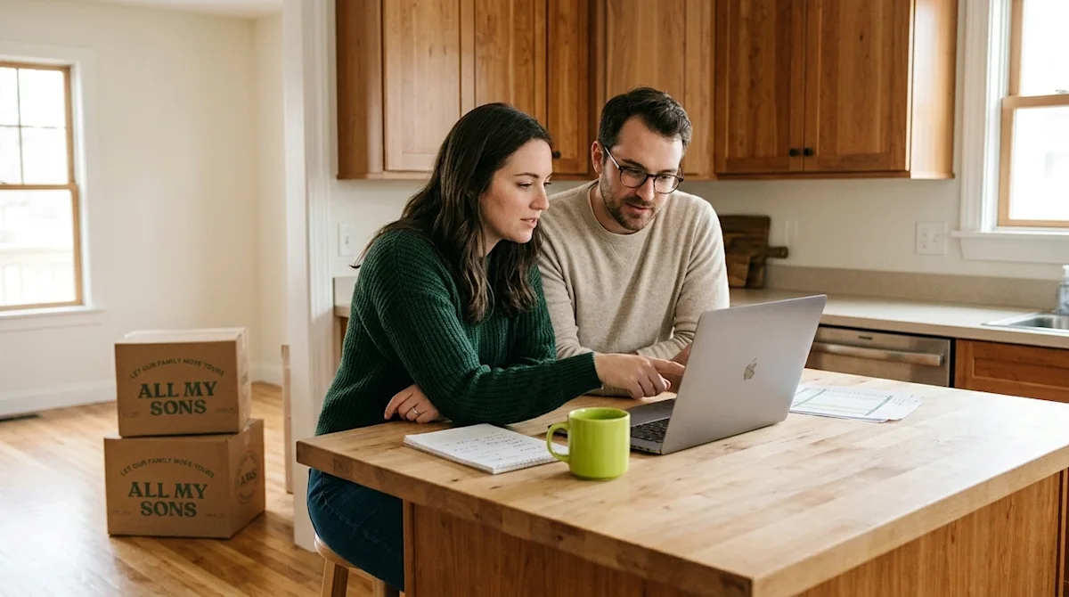 Professional lifestyle marketing photography of a couple sitting together at a natural wood kitchen island, thoughtfully revi