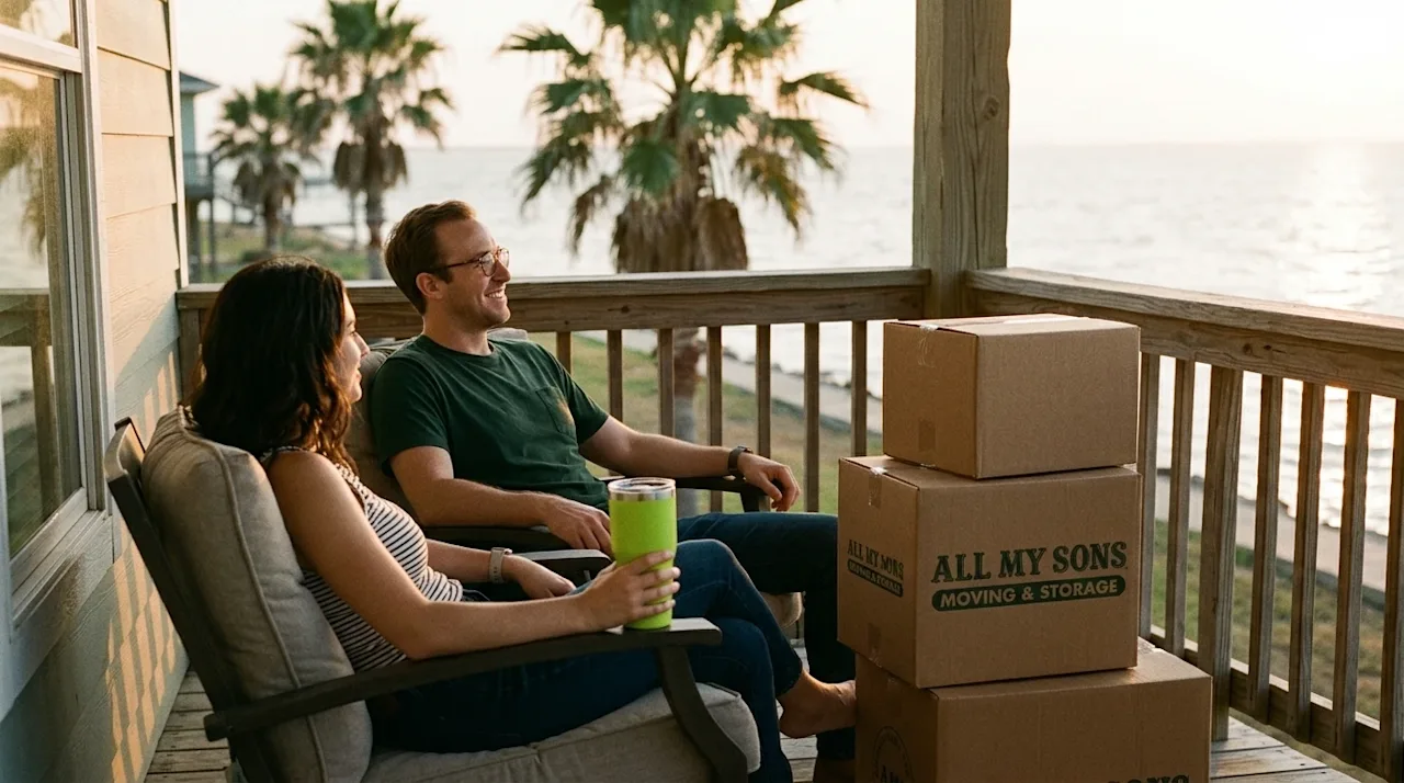 Authentic 35mm lifestyle photography, a warm and inviting scene in Corpus Christi, Texas. A happy young couple takes a relaxi