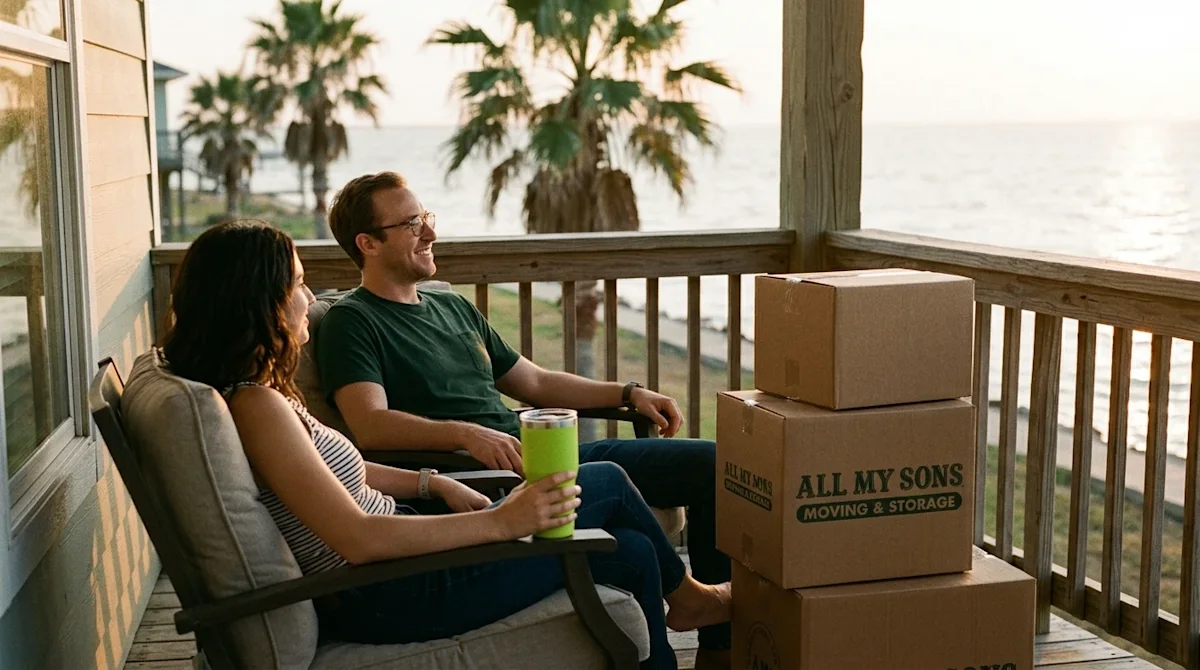 Authentic 35mm lifestyle photography, a warm and inviting scene in Corpus Christi, Texas. A happy young couple takes a relaxi