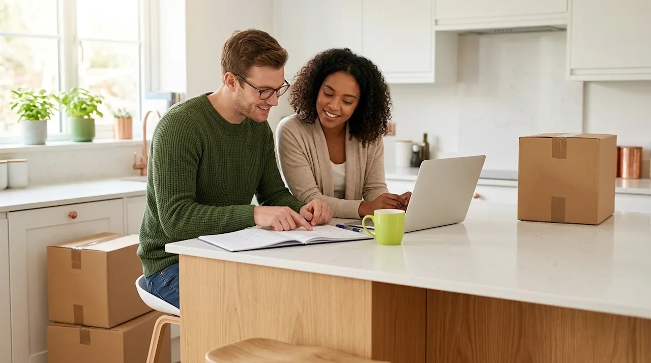 Professional marketing photography of a cheerful young couple sitting at a modern, sunlit kitchen island, thoughtfully planni