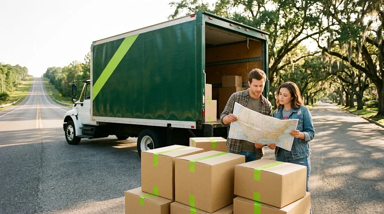 A realistic 35mm film photograph capturing the concept of short versus long-haul moving to Baton Rouge. In the foreground, a
