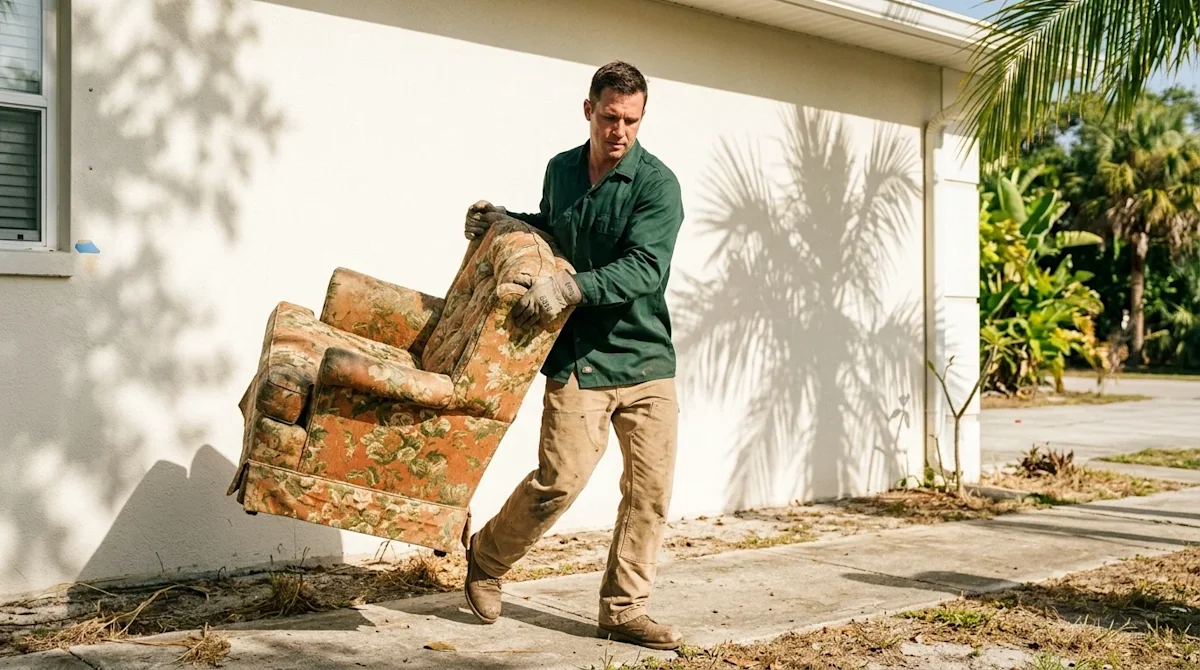 Authentic documentary-style photograph of a professional junk removal service in action. A strong, focused worker wearing a d