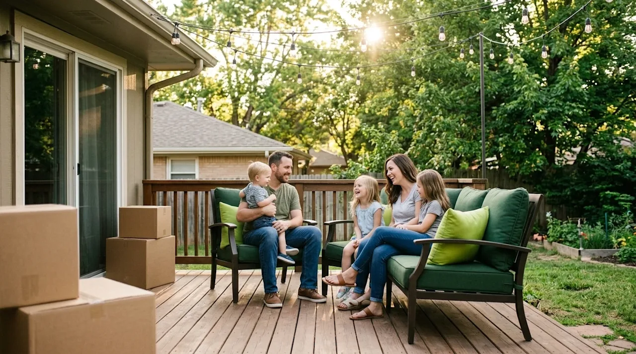 Authentic lifestyle photography of a cozy, inviting suburban backyard in Tulsa on a warm, sunny afternoon. A happy family is
