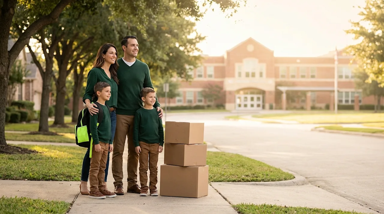 Family with moving boxes standing on a sidewalk looking at a school building in a new neighborhood.