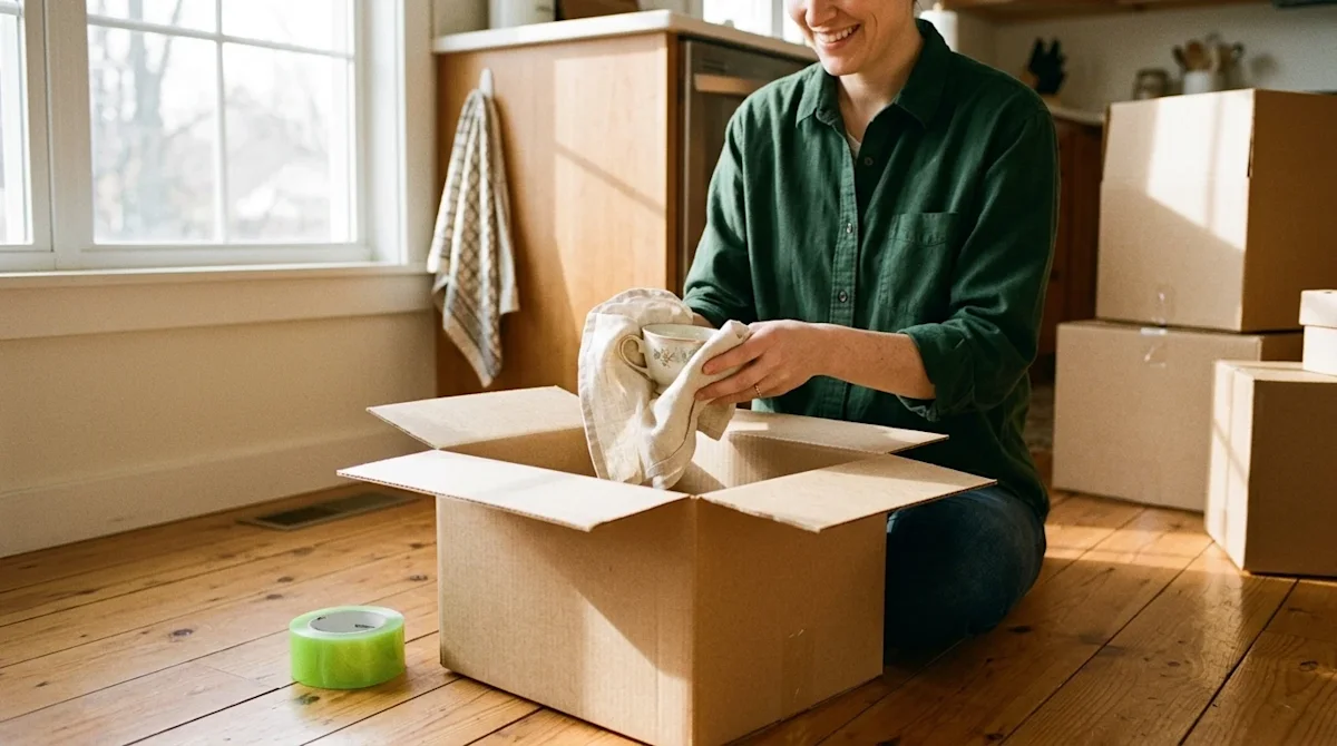 Authentic lifestyle photography of a stress-free packing process in a cozy, sunlit Midwestern home interior with warm wooden