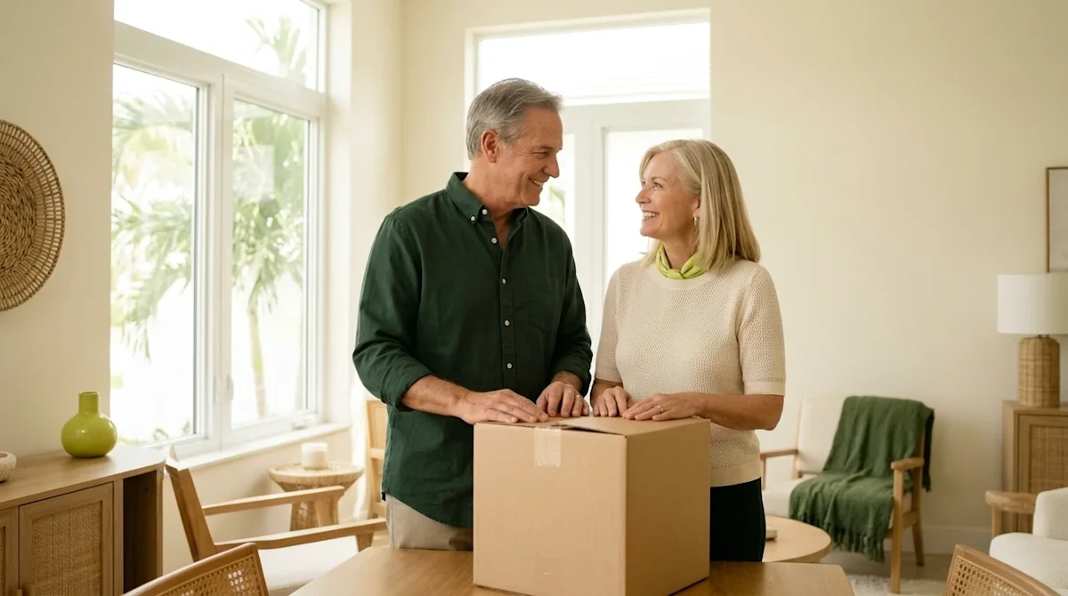 Clear professional marketing photography of a happy stylish older couple in their sixties representing empty nesters standing