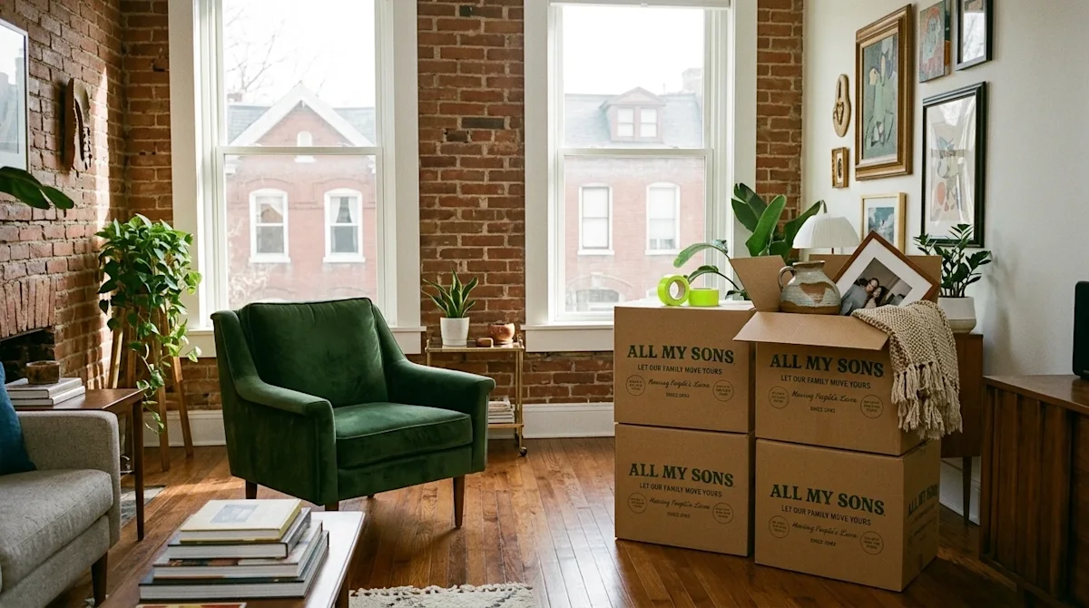 A candid lifestyle photograph of a beautifully decorated, creative living room in a classic St. Louis home, featuring a blend