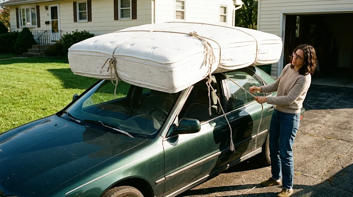 Candid, authentic lifestyle photography of a relatable DIY moving struggle. A large, unwieldy white mattress is awkwardly str