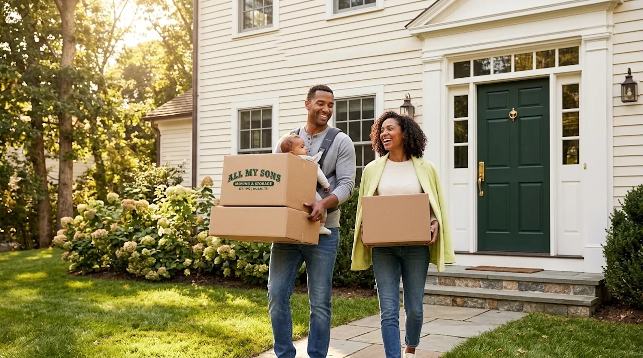 Professional marketing photography of a happy family arriving at their new classic New England colonial home in Connecticut.