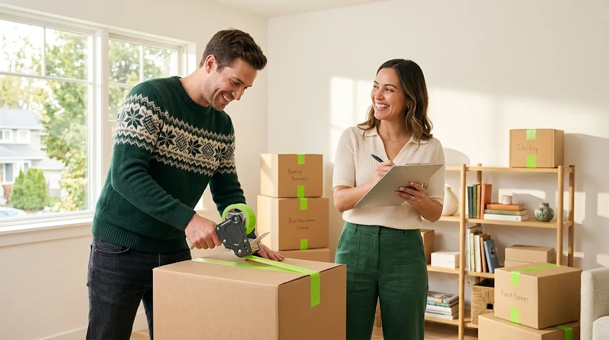 Clear and professional marketing lifestyle photography of a stress-free moving preparation scene in a bright, modern, well-li