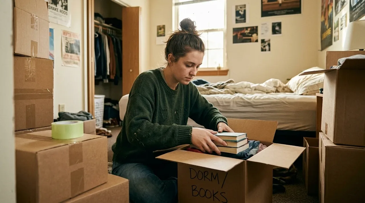 A candid, 35mm film-style photograph of a college-bound young adult packing kraft brown cardboard boxes in a cozy, lived-in b