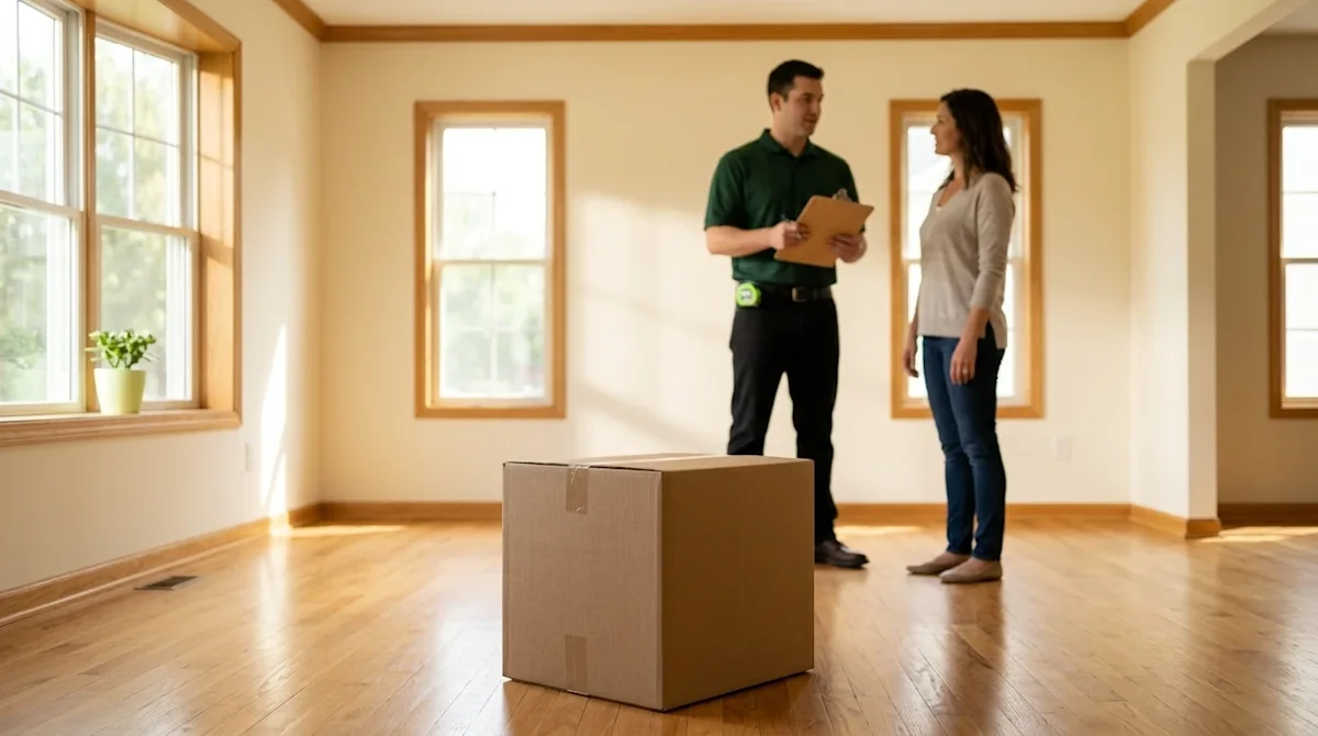 Professional marketing photography of an empty, sunlit living room in a suburban home, symbolizing a family's transition and
