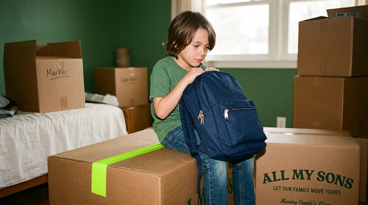 Authentic lifestyle photography of a school-aged child sitting thoughtfully on a sturdy cardboard moving box in a partially p