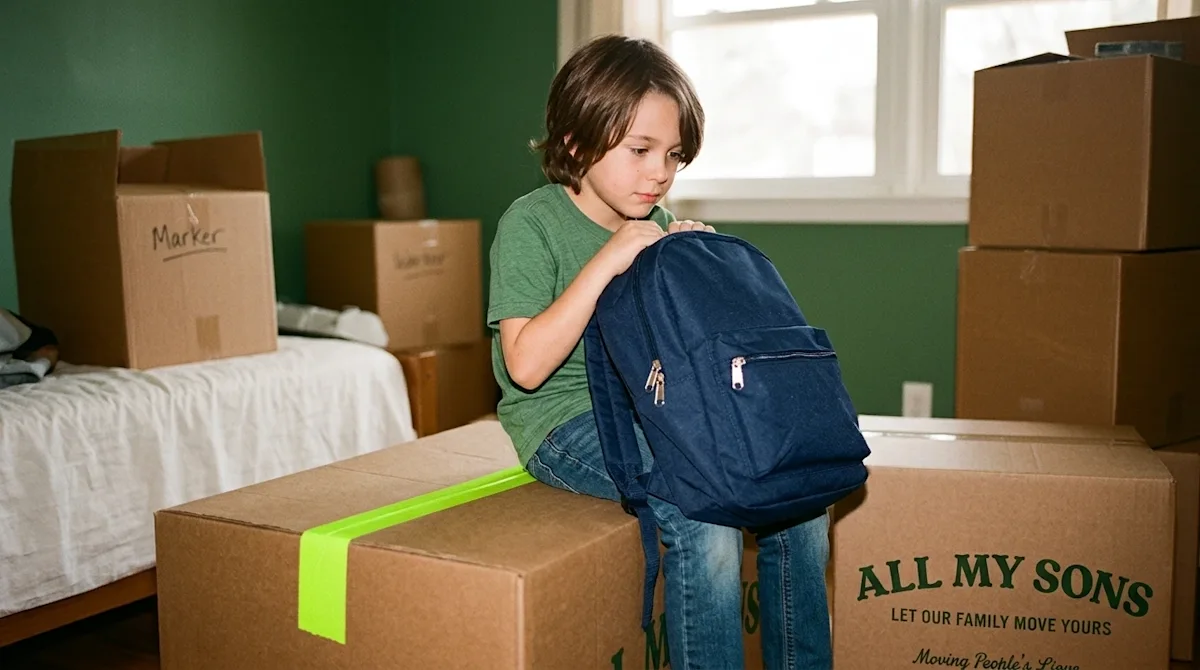 Authentic lifestyle photography of a school-aged child sitting thoughtfully on a sturdy cardboard moving box in a partially p