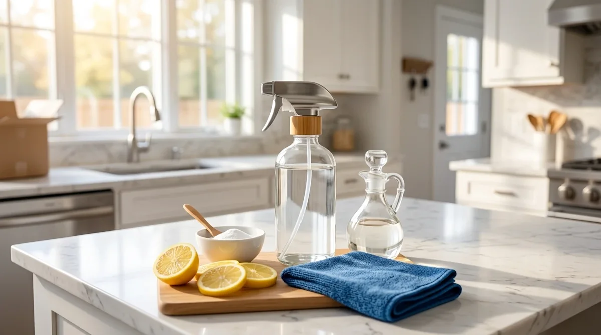 Professional lifestyle photography of five essential household cleaning items neatly arranged on a pristine marble kitchen is