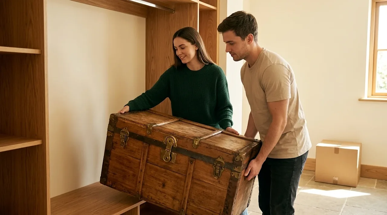 Professional marketing photography of a young couple carefully organizing a clean, well-lit storage area in their new home, g