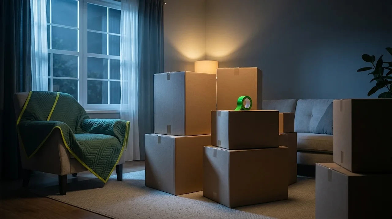 Professional photography of a cozy, dimly lit living room at night, capturing the peaceful anticipation of the night before m