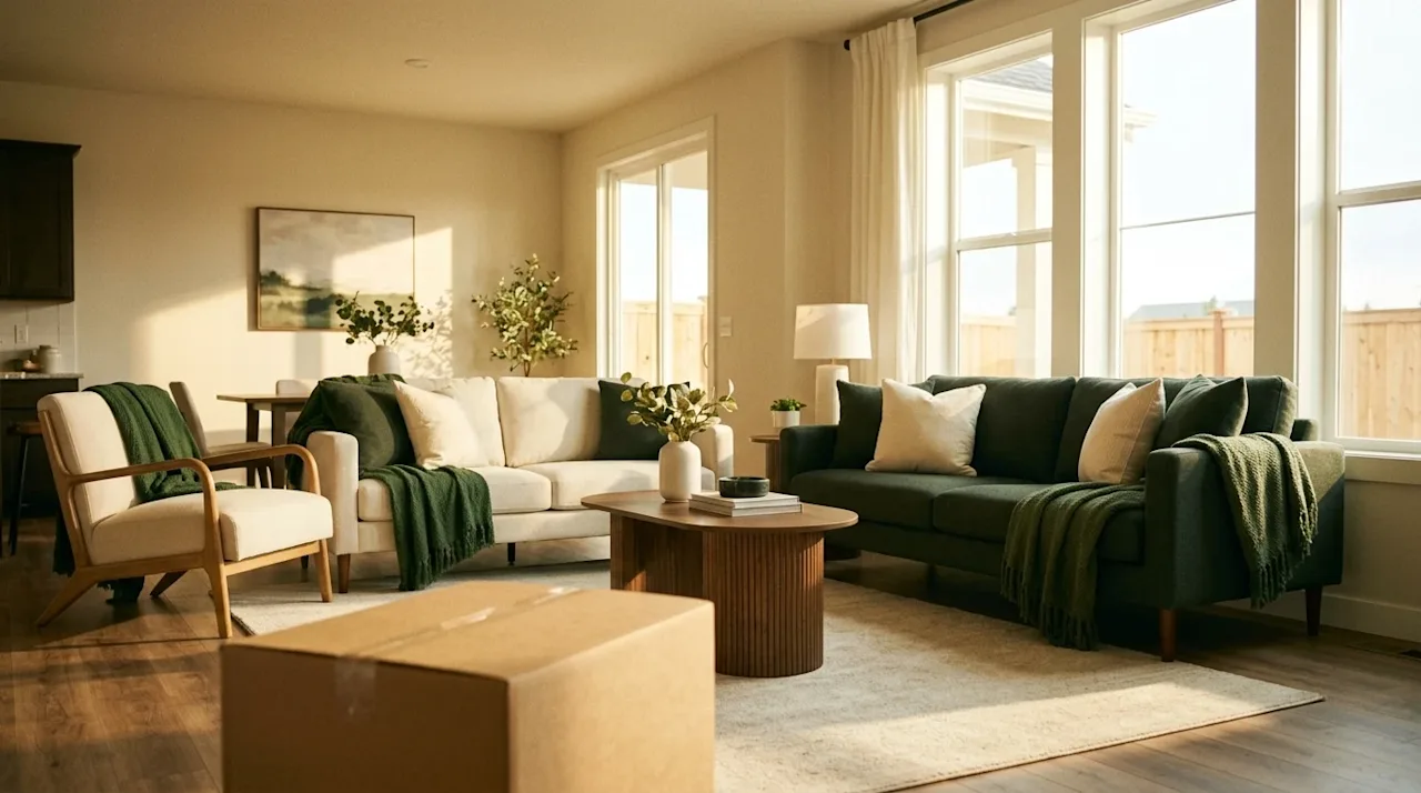 Professional marketing photography of a beautifully staged, bright and modern living room bathed in warm, golden natural sunl