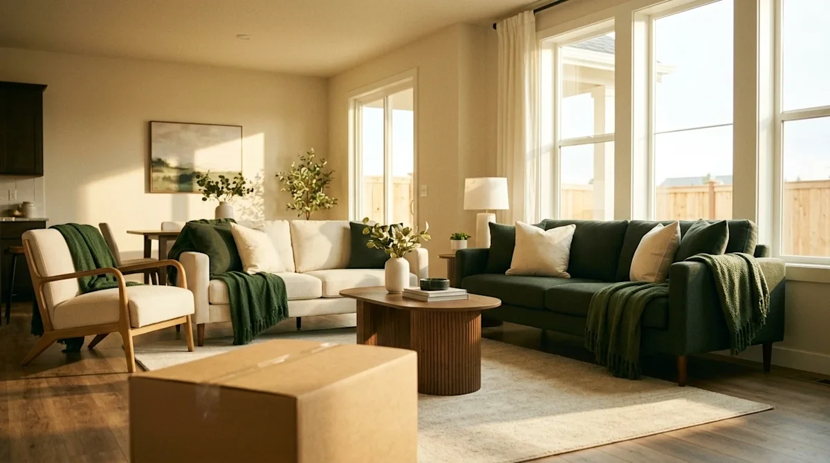 Professional marketing photography of a beautifully staged, bright and modern living room bathed in warm, golden natural sunl