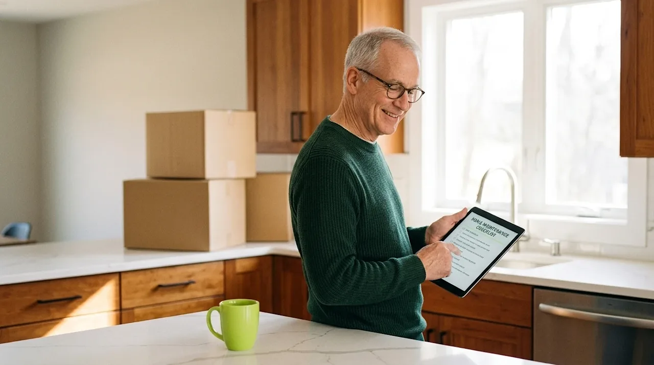 A warm, candid lifestyle photograph for a blog hero image about "Best Home Services for Homeowners." A smiling, relaxed homeo