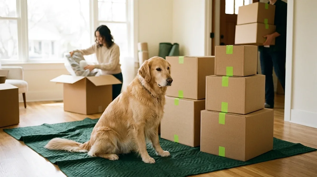 A heartwarming, candid lifestyle photograph of a family moving with pets, shot in a warm, slightly nostalgic 35mm film photog