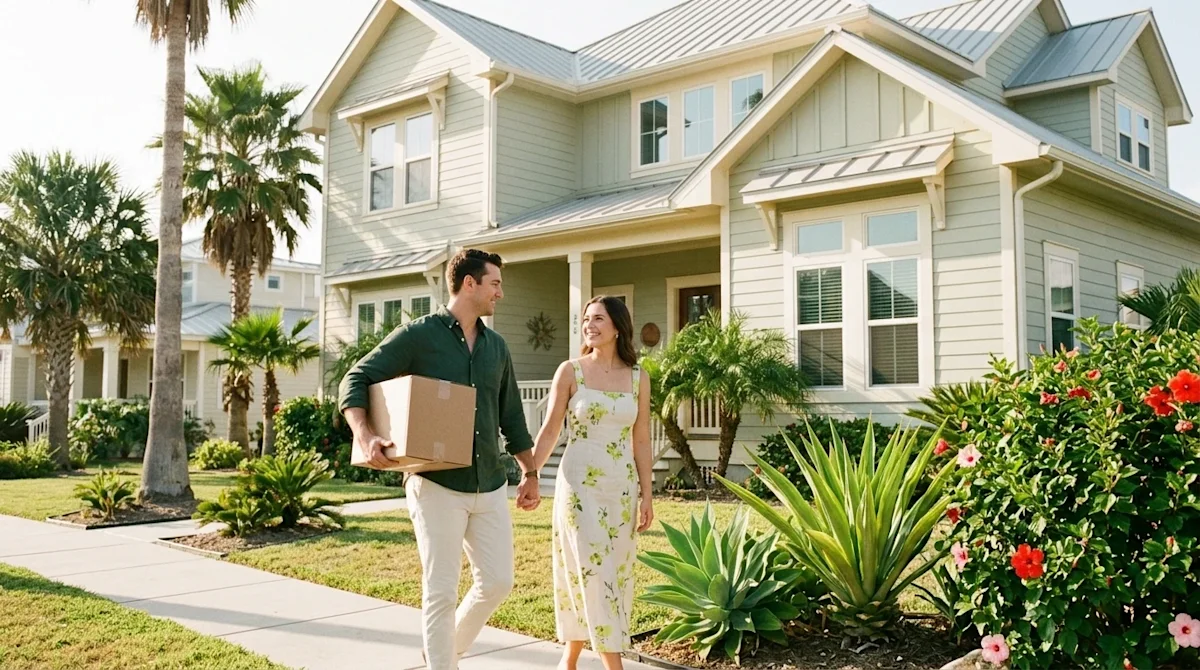 High-quality lifestyle photography of a happy couple walking toward their beautiful dream coastal home in a sunny Corpus Chri
