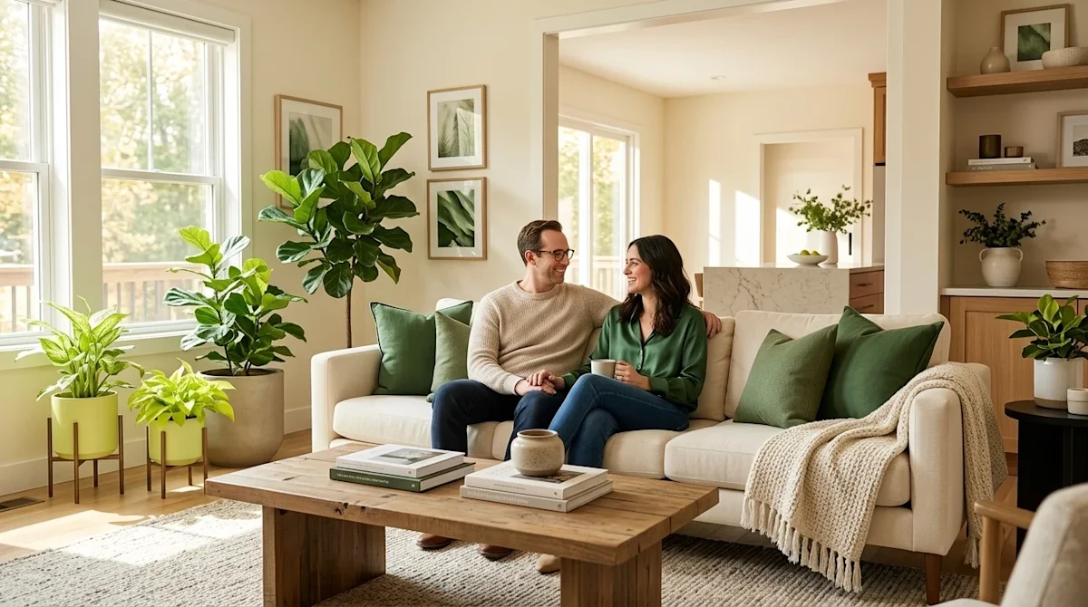 Clear and professional marketing photography of a beautifully styled, modern living room representing a newly settled dream h