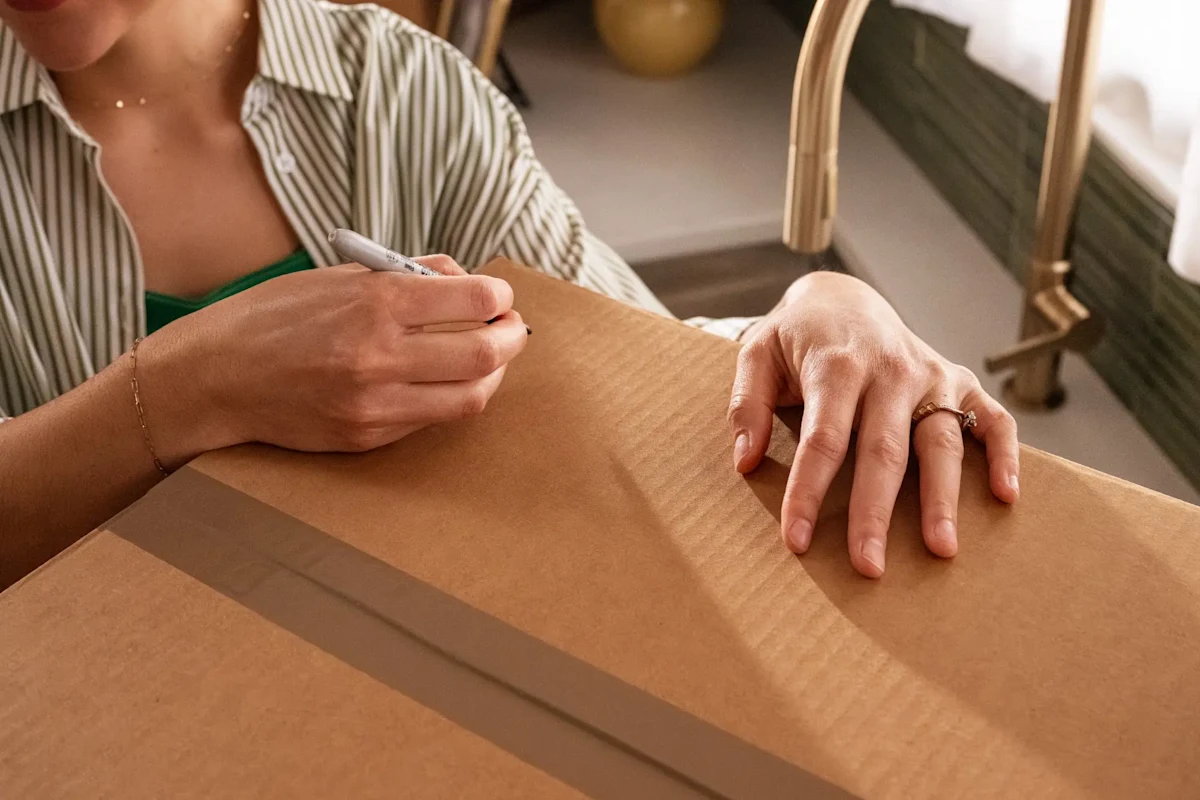A woman writes a label on a moving box for an All My Sons supported DIY move.