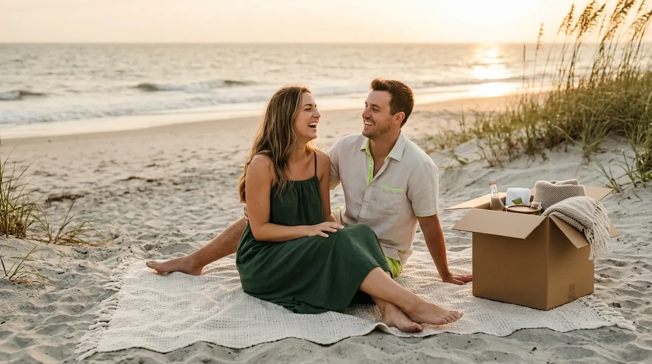 Professional lifestyle marketing photography of a happy couple enjoying a romantic post-move date on a serene beach in Hilton
