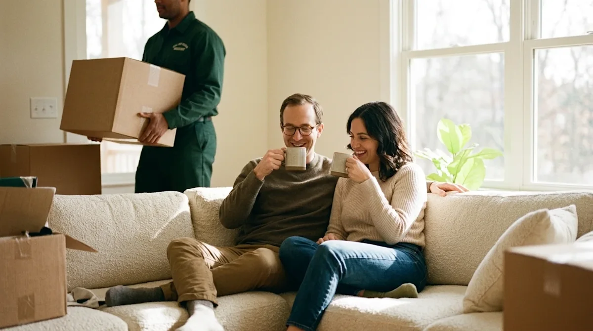Candid lifestyle photography of a relaxed, happy couple sitting comfortably on a cream-colored sofa in a brightly lit, warm l