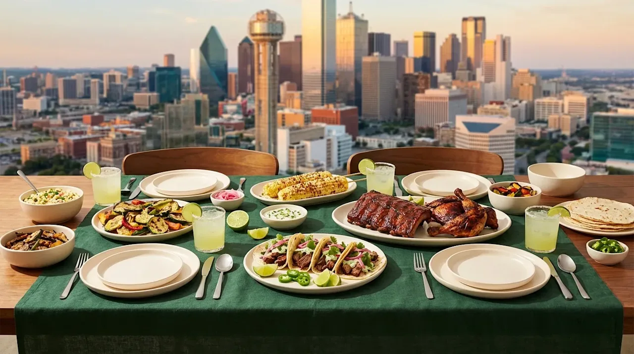 Gourmet Dallas BBQ and tacos on a forest green table with the city skyline and Reunion Tower in the background.
