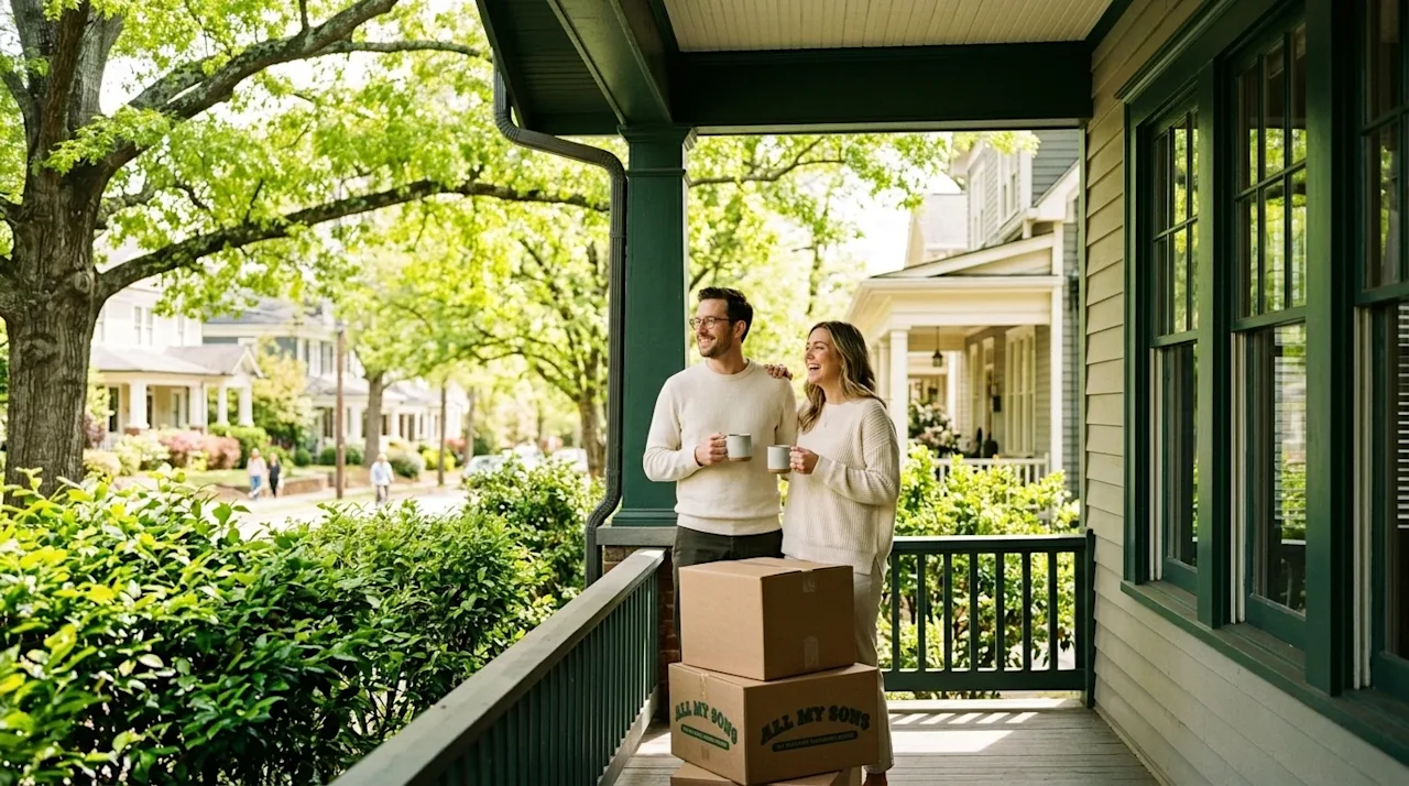 Candid lifestyle photography shot on 35mm film with a warm, slightly nostalgic aesthetic. A stylish millennial couple stands