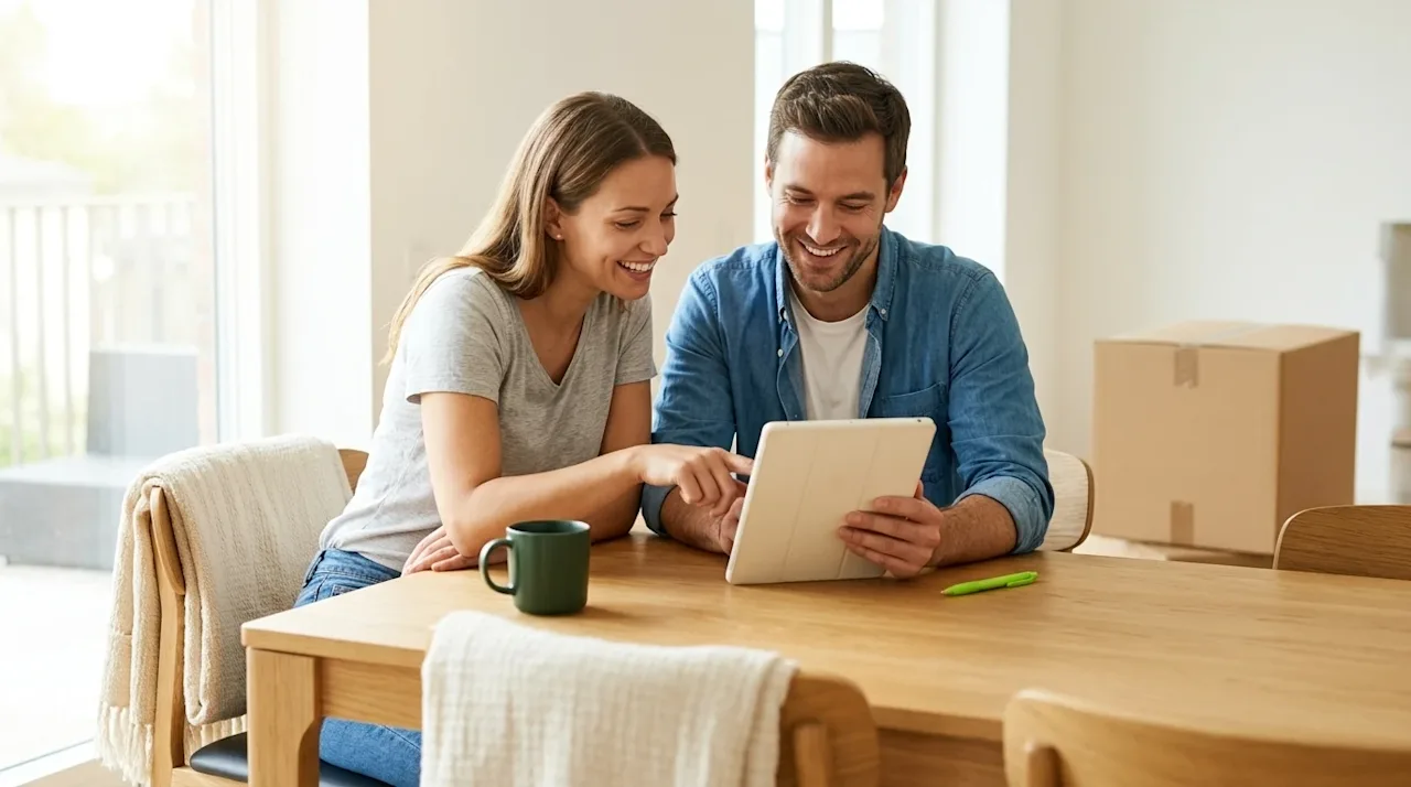 Professional marketing lifestyle photography of a smiling couple sitting at a modern wooden dining table in a bright, sunlit