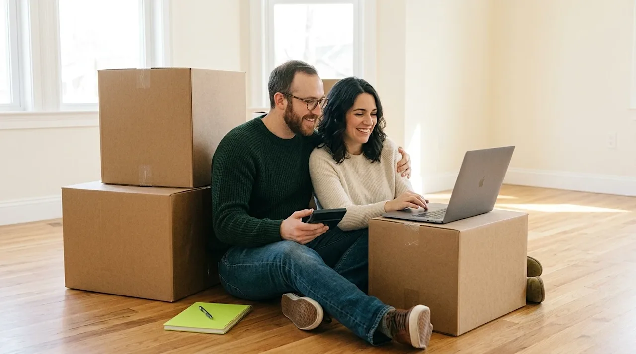 Candid lifestyle photography of a happy couple sitting on the hardwood floor of an unfurnished new home, casually leaning aga