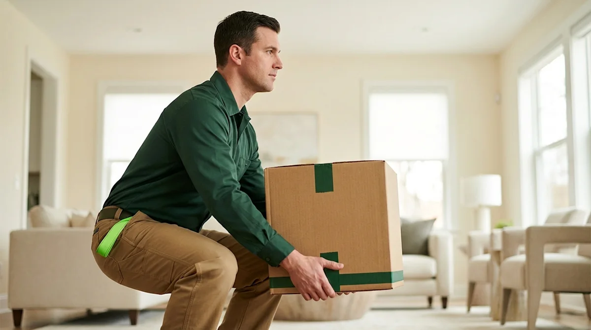 Professional mover demonstrating proper ergonomic lifting safety techniques by squatting to lift a heavy box.